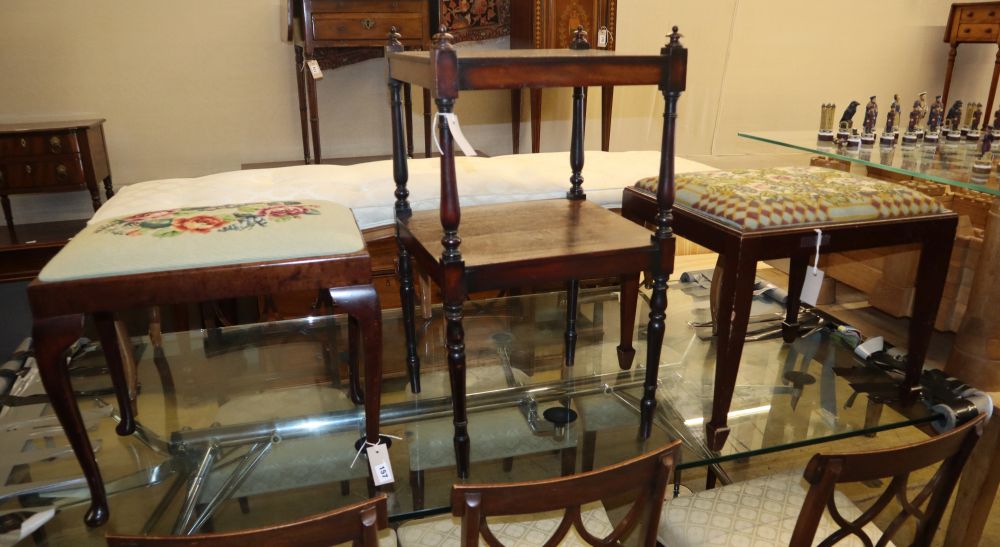 A Georgian mahogany whatnot (reduced to two tiers) and two stools with needlework seats